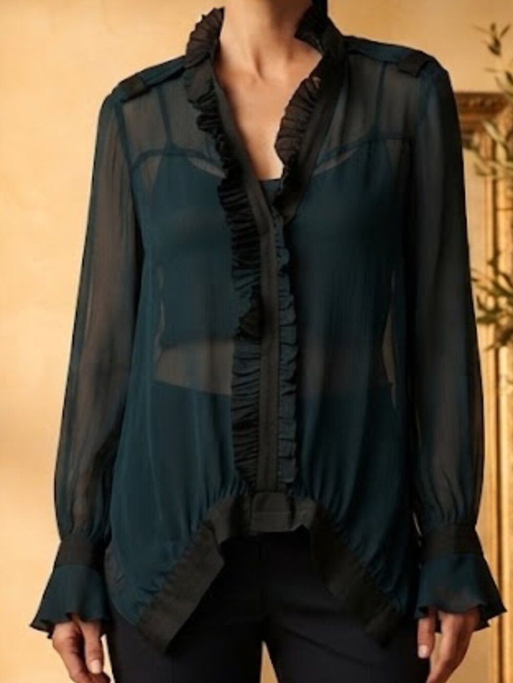 Gucci Dark Teal Sheer Ruffle-Front Blouse Size L